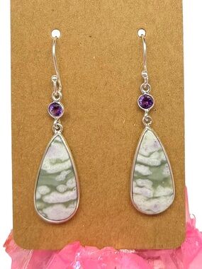 Peace Jade & Amethyst Earrings Solid 925 Sterling Silver